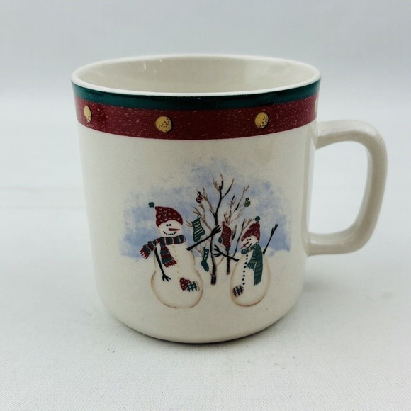 Royal Seasons Snowmen 4 Mug Lot 3.25" Cup Red‎ Band Dots Green Trim Stoneware - Picture 5 of 10